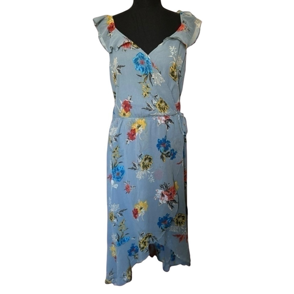🔵 5 for $25 MAURICES womens gray blue floral ruffled sleeveless high low dress